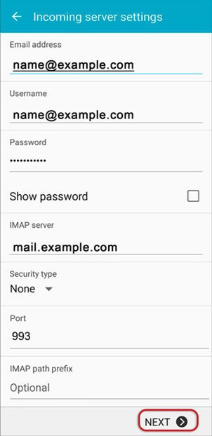 Setup ICA.NET email account on your Android Phone Step 3